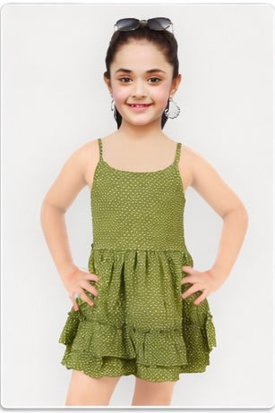 Girls’ Stylish Summer Ruffle Frock – Pink & Olive
