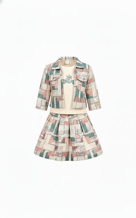 Girls’ Pastel Geometric Jacket & Skirt Set – Elegant Two-Piece Outfit for Spring & Summer