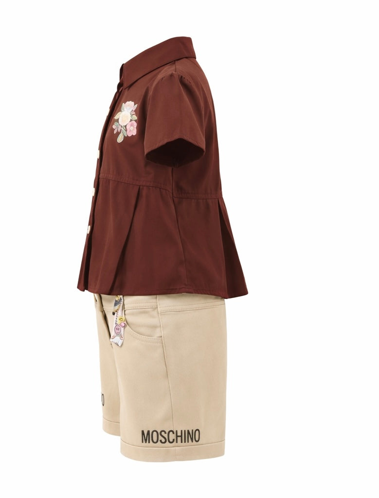 Girls Floral Button-Down Top & Beige Shorts Set – Summer Casual Outfit