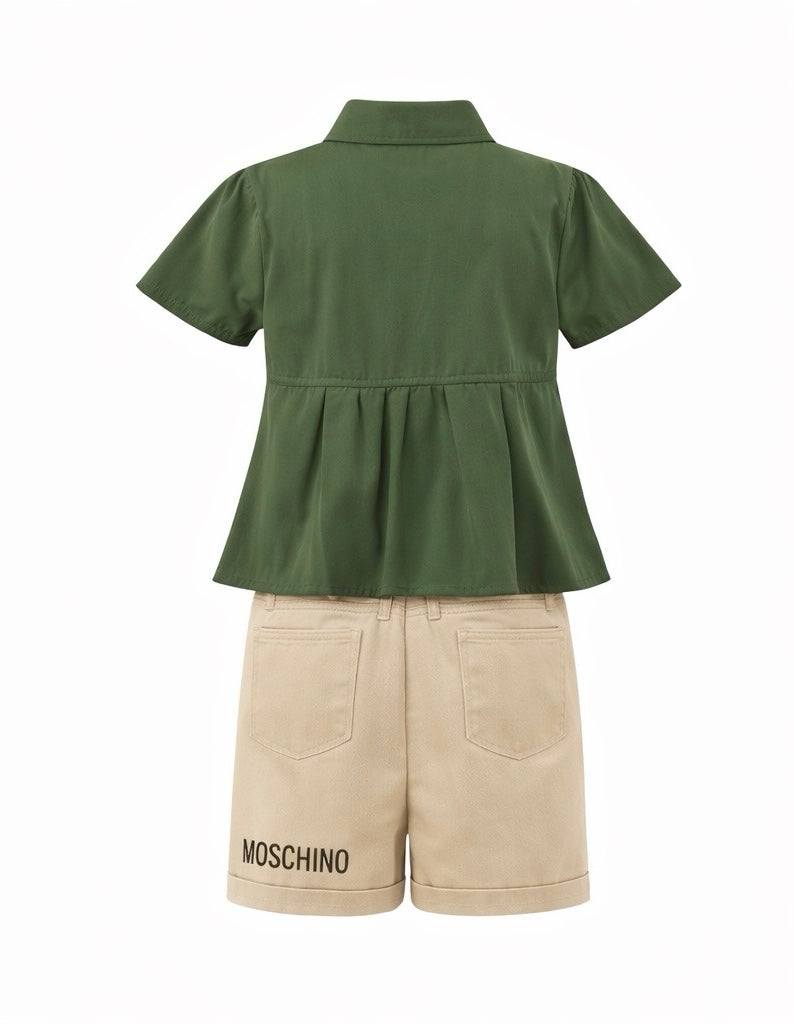 Girls Floral Button-Down Top & Beige Shorts Set – Summer Casual Outfit