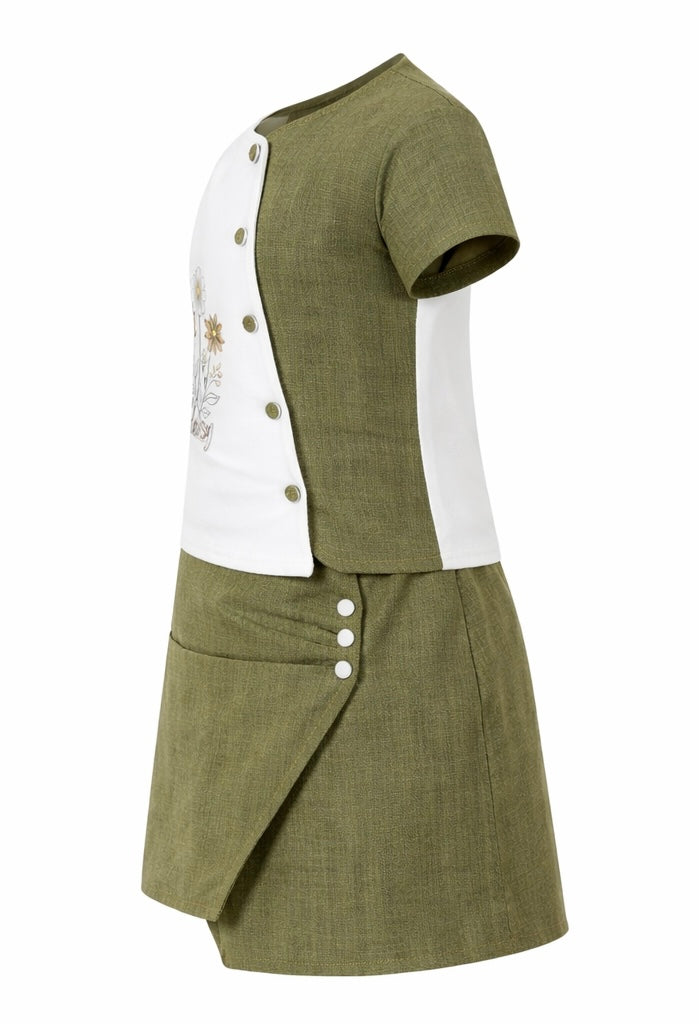 Girls’ Olive Green & White Daisy Two-Piece Dress Set | Stylish Summer Outfit for Kids