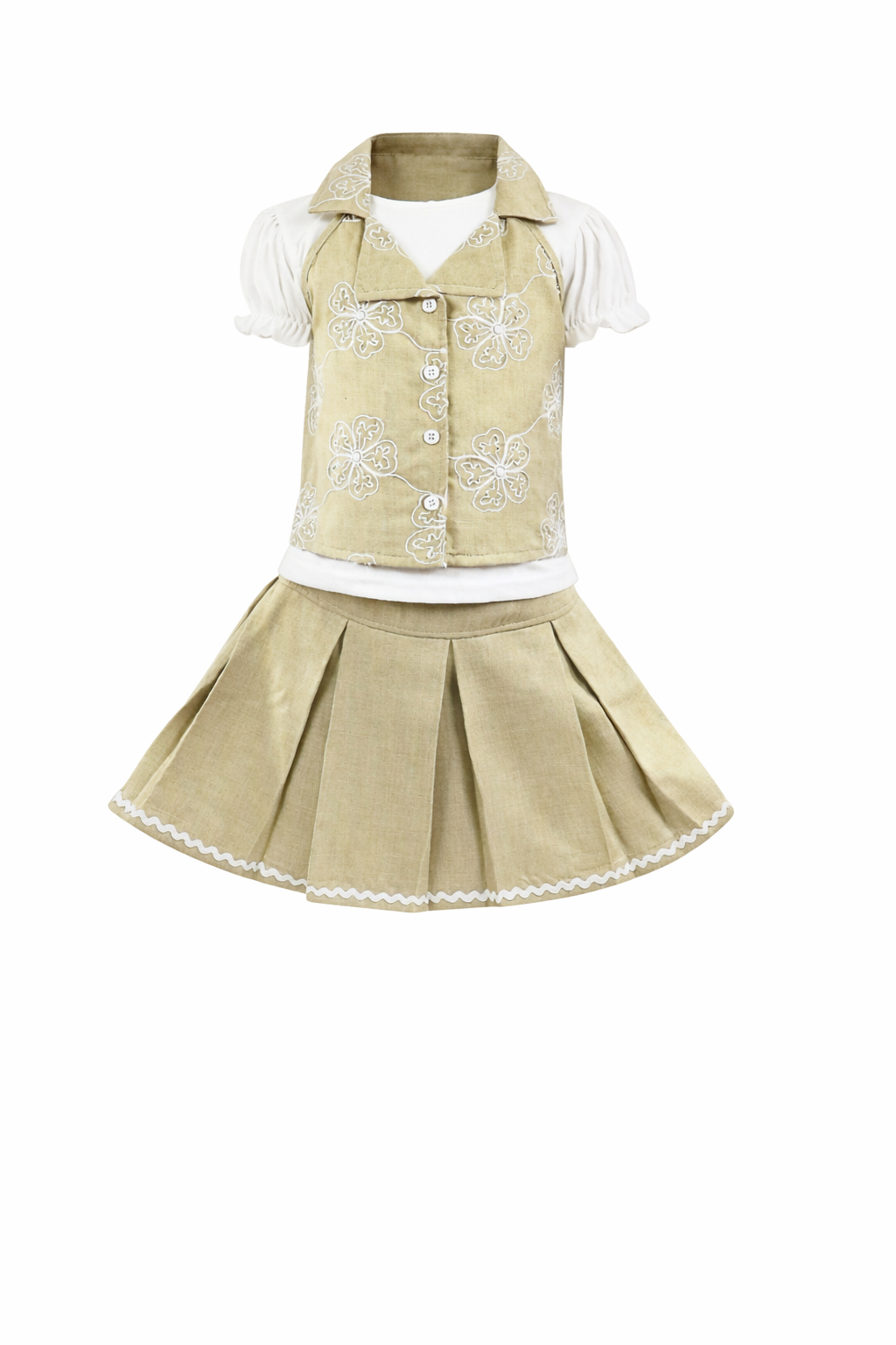 Girls Beige Linen Skirt Set – Embroidered Floral Vest Outfit with White Puff-Sleeve Shirt | Toddler & Kids Summer Dress Set