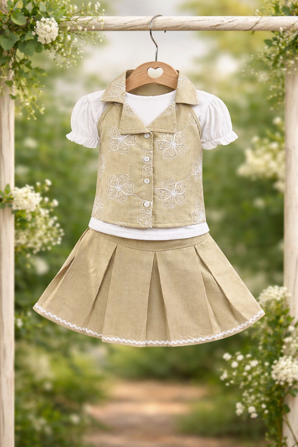 Girls Beige Linen Skirt Set – Embroidered Floral Vest Outfit with White Puff-Sleeve Shirt | Toddler & Kids Summer Dress Set