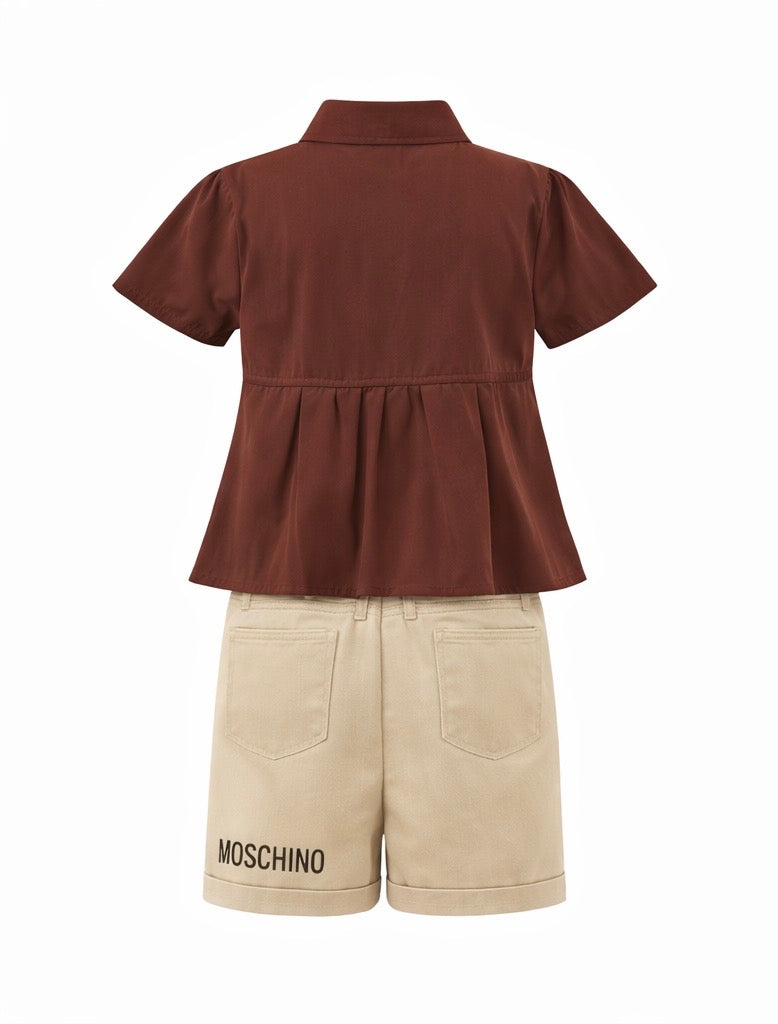 Girls Floral Button-Down Top & Beige Shorts Set – Summer Casual Outfit