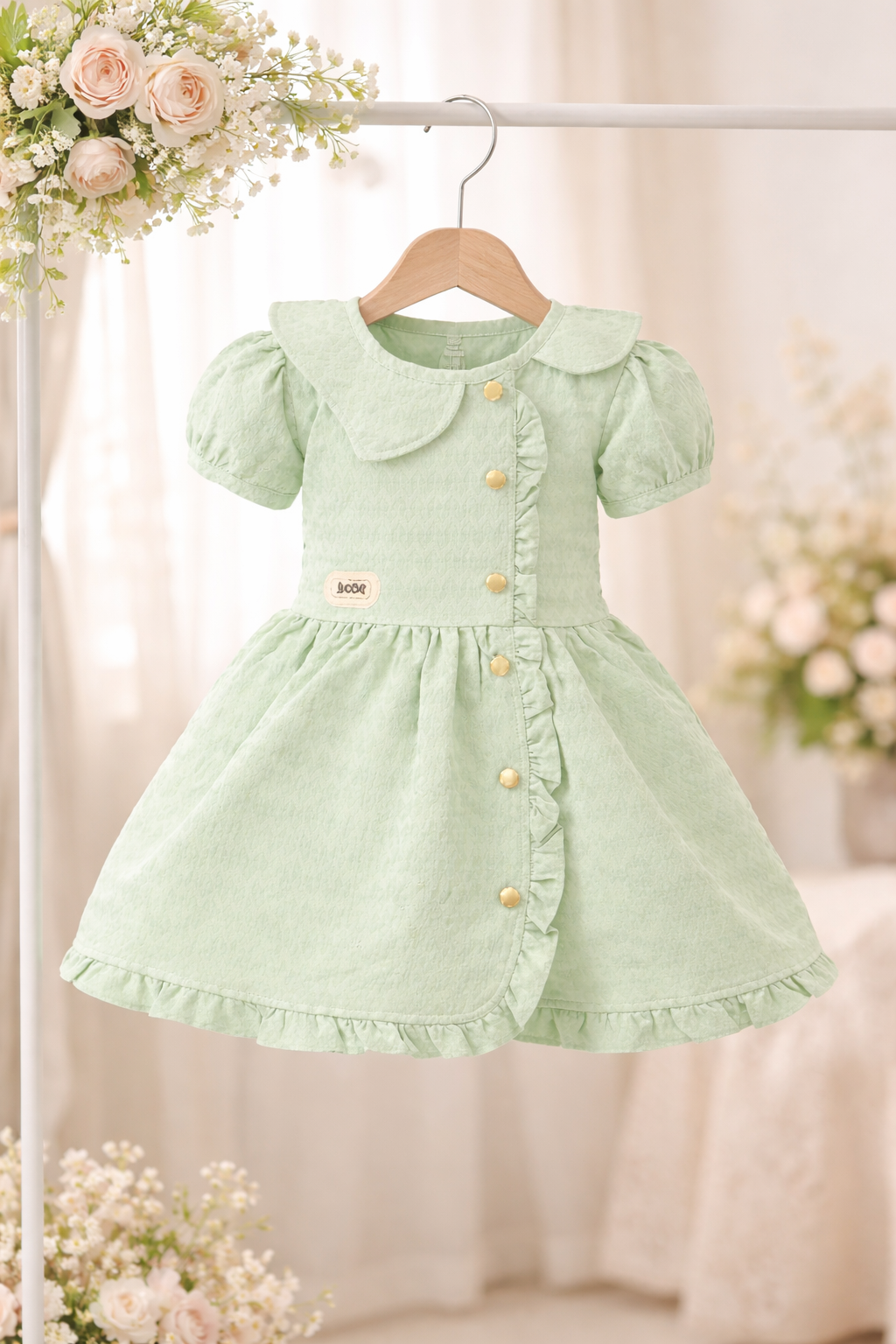 Pink AND MINT GREEN Baby Girl Ruffle Dress – Puff Sleeve Button Front Party & Casual Outfit