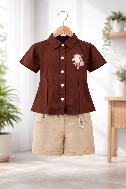 Girls Floral Button-Down Top & Beige Shorts Set – Summer Casual Outfit