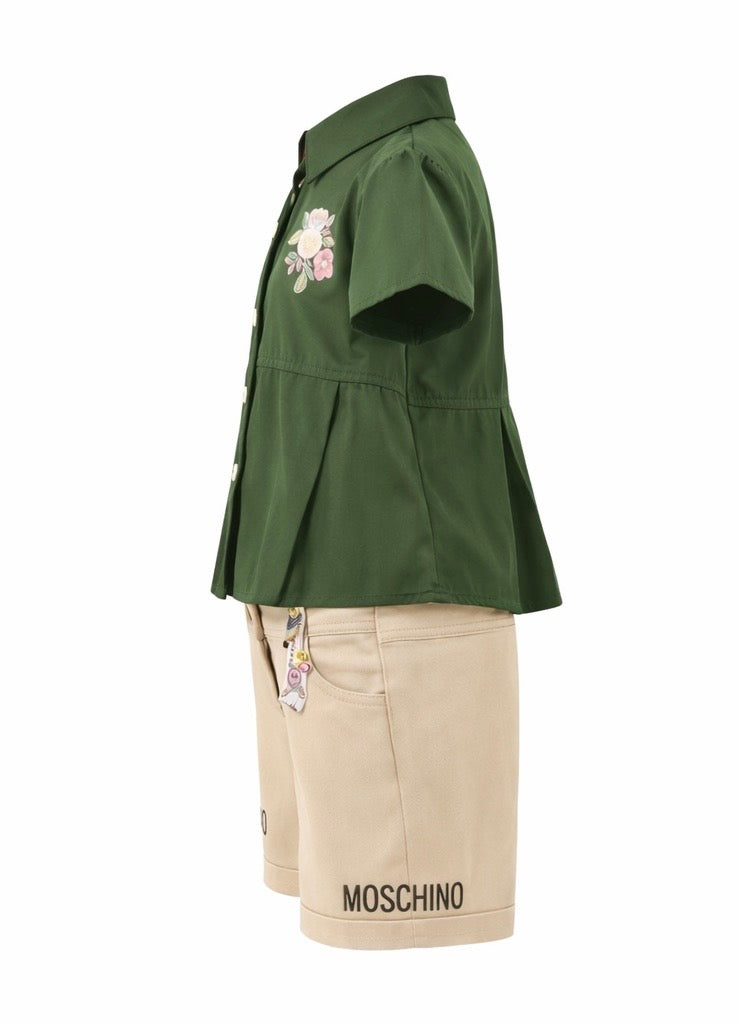 Girls Floral Button-Down Top & Beige Shorts Set – Summer Casual Outfit