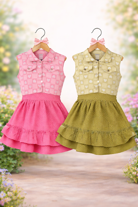 Girls’ Stylish Summer Ruffle Frock – Pink & Olive