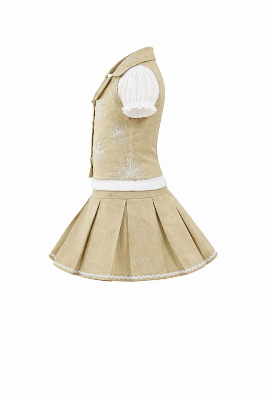 Girls Beige Linen Skirt Set – Embroidered Floral Vest Outfit with White Puff-Sleeve Shirt | Toddler & Kids Summer Dress Set