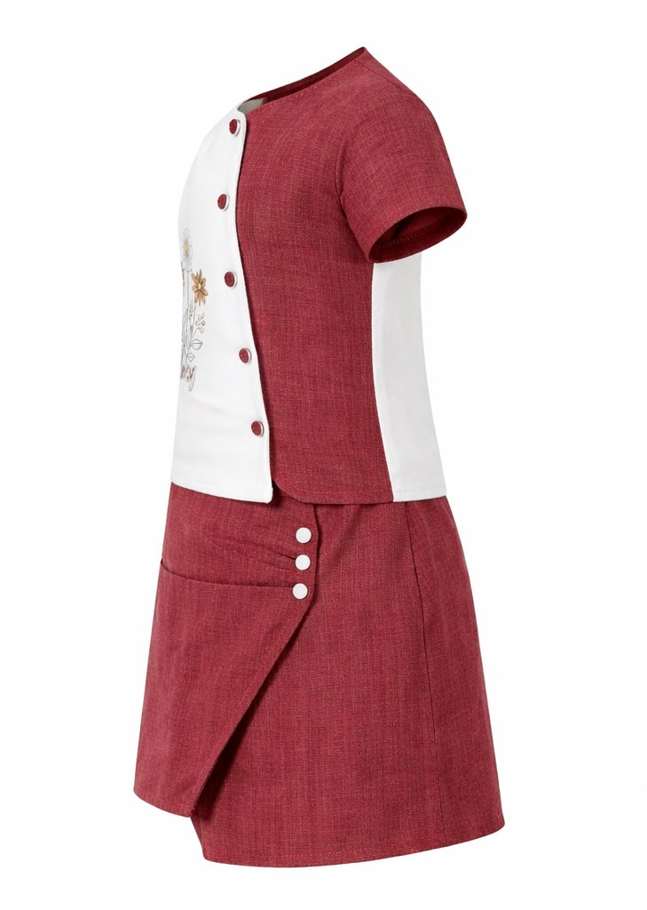 Girls’ Olive Green & White Daisy Two-Piece Dress Set | Stylish Summer Outfit for Kids