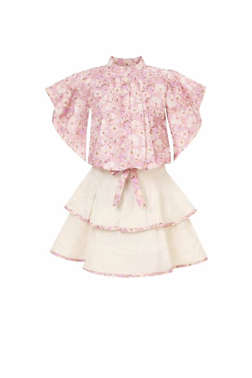 Pink Floral Girls Top and Cream Layered Skirt Set – Elegant Summer Outfit for Kids