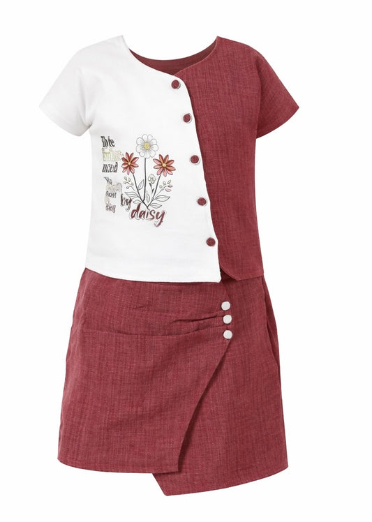 Girls’ Olive Green & White Daisy Two-Piece Dress Set | Stylish Summer Outfit for Kids