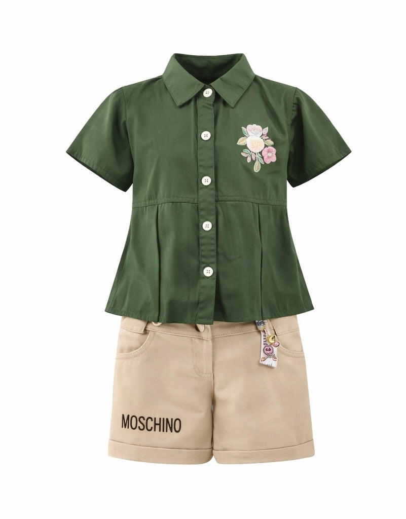 Girls Floral Button-Down Top & Beige Shorts Set – Summer Casual Outfit