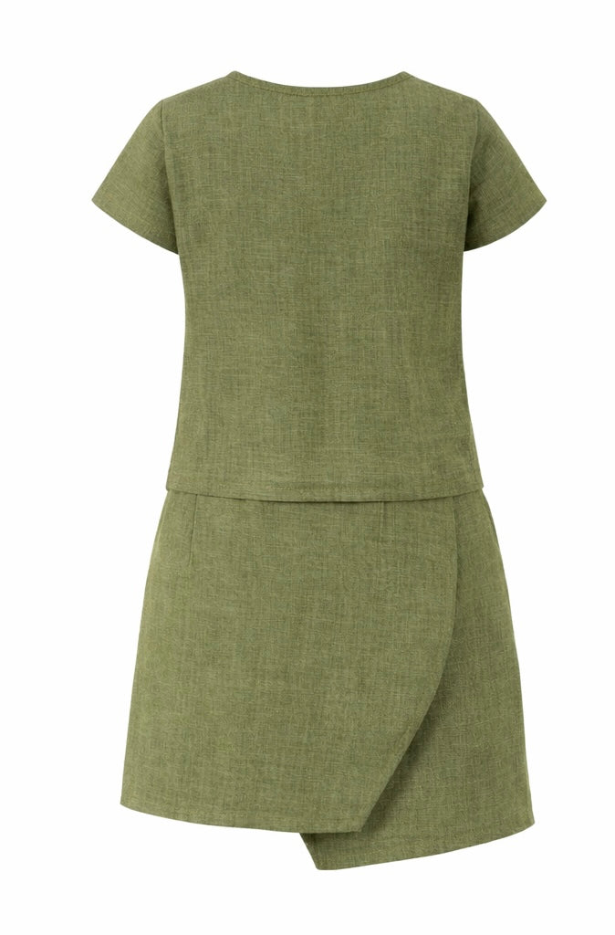 Girls’ Olive Green & White Daisy Two-Piece Dress Set | Stylish Summer Outfit for Kids