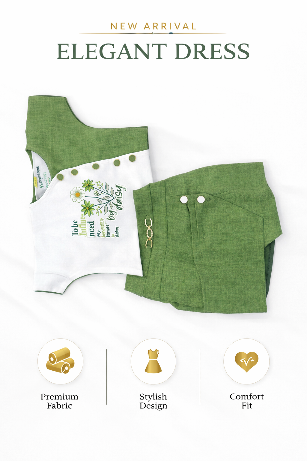 Girls’ Olive Green & White Daisy Two-Piece Dress Set | Stylish Summer Outfit for Kids