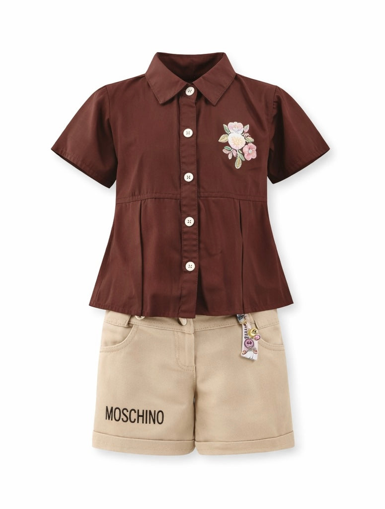Girls Floral Button-Down Top & Beige Shorts Set – Summer Casual Outfit