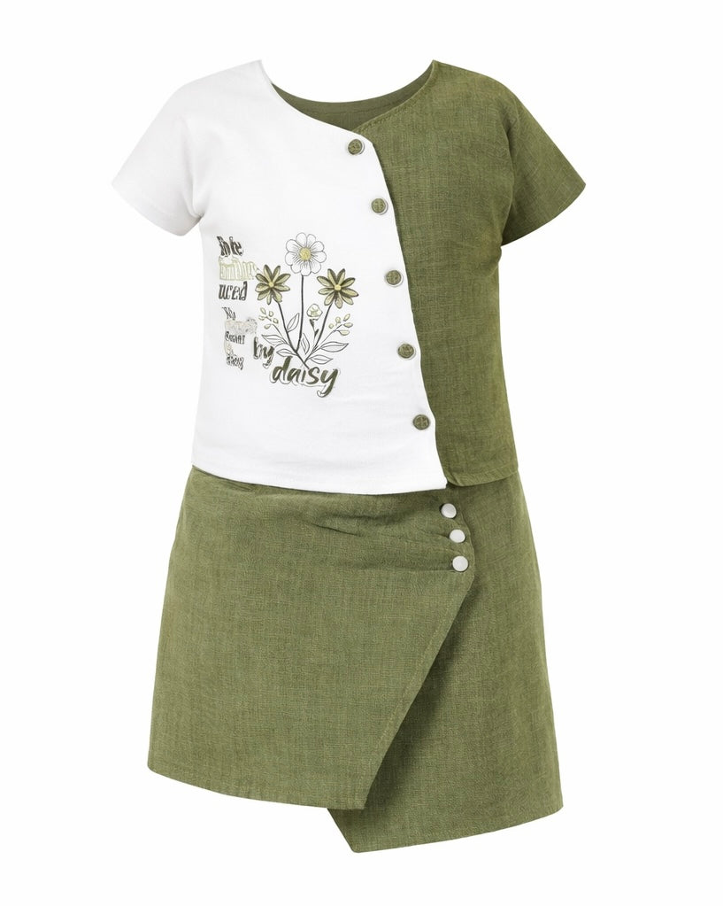 Girls’ Olive Green & White Daisy Two-Piece Dress Set | Stylish Summer Outfit for Kids