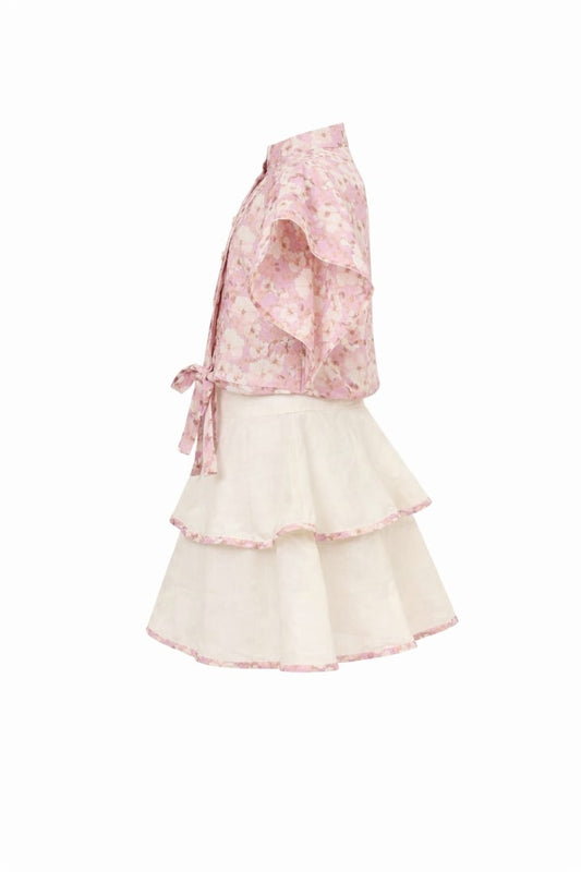 Pink Floral Girls Top and Cream Layered Skirt Set – Elegant Summer Outfit for Kids