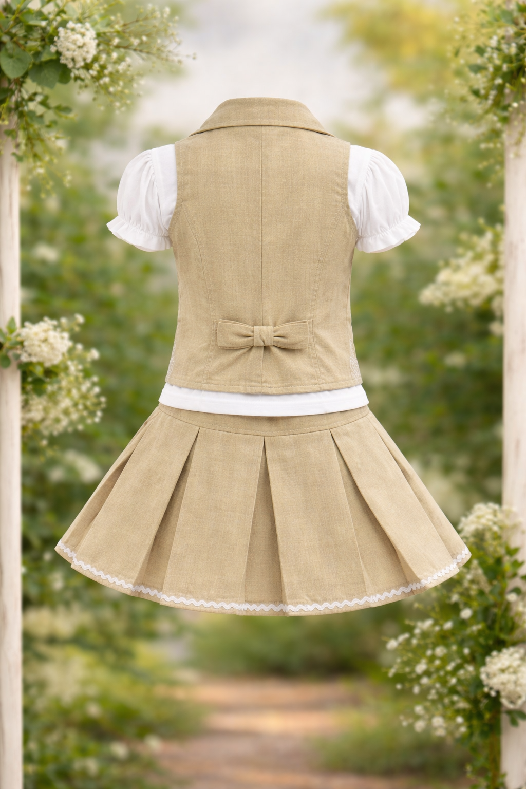 Girls Beige Linen Skirt Set – Embroidered Floral Vest Outfit with White Puff-Sleeve Shirt | Toddler & Kids Summer Dress Set